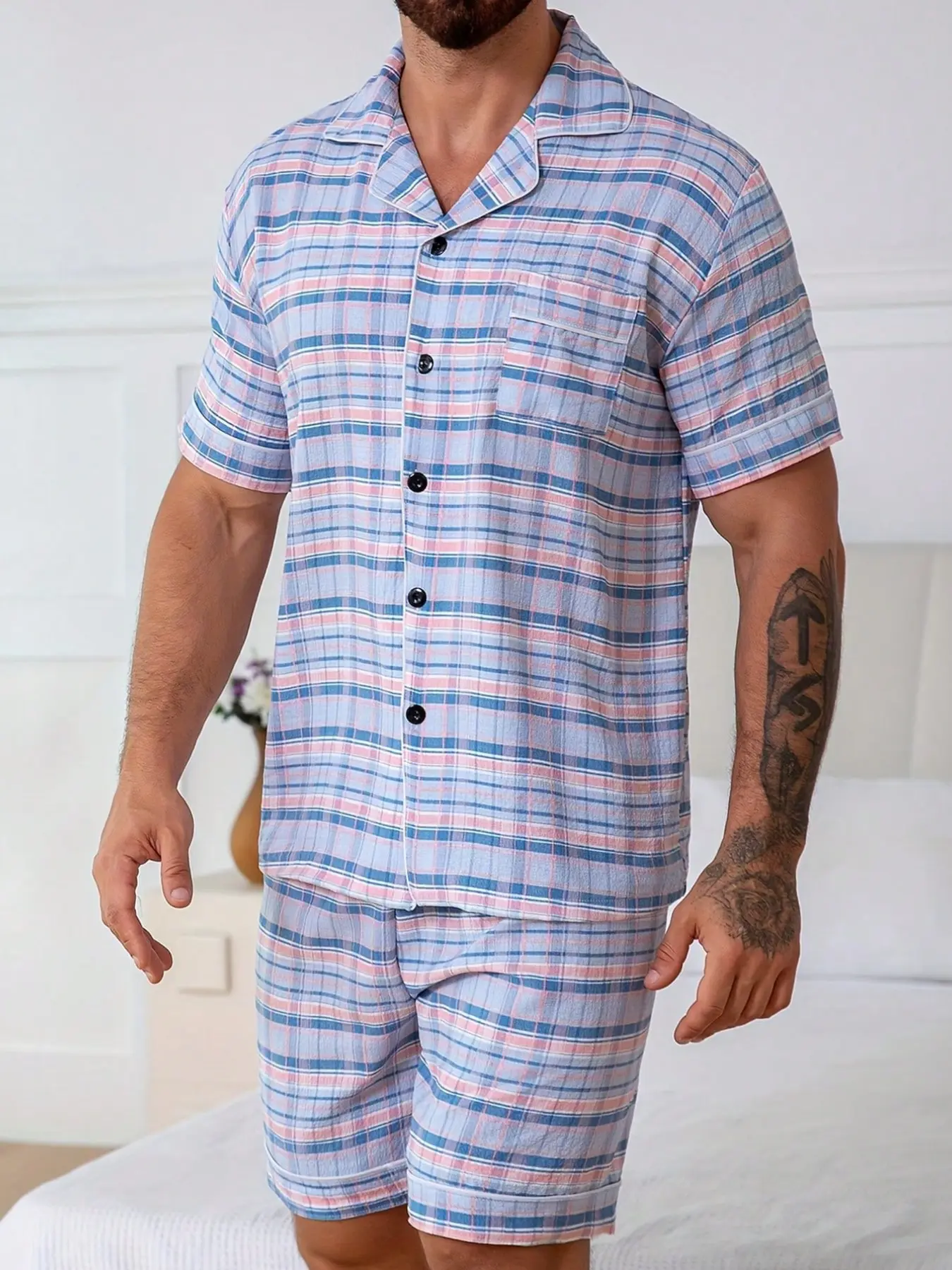 Men's Trendy Plaid Print Lapel Short Sleeve Pajama Set, Loungewear, Pjs, Pyjamas, Comfortable Skin-Friendly Style, Casual Homewear, 2 Piece Pack