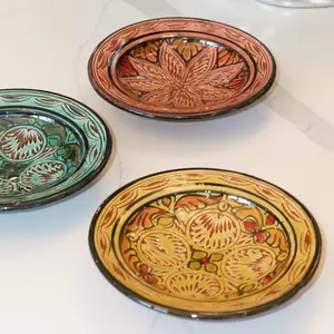 Set of 3 Moroccan Engraved Ceramic plates. Handmade and Hand-painted Pottery plates, Dessert plates, Decorative pottery Plates wall hanging