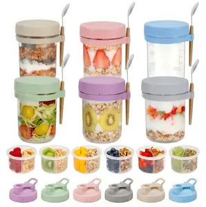 16 oz Airtight Anti-Leak BPA-Free Glass Canister Jars with Lids, Spoons, Removable Silicone Compartments, Stackable Kitchen Utensil Container for Storage Organization, Home Organization Storage (Overnight Oats, Chia Pudding)