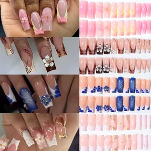 96pcs Medium Square French Press-On Nails, 3D Gel Petals Leopard Print Pearl Design, Glossy Acrylic Tips, Flower Design Nails for Women and Girls, Diy Nail Art
