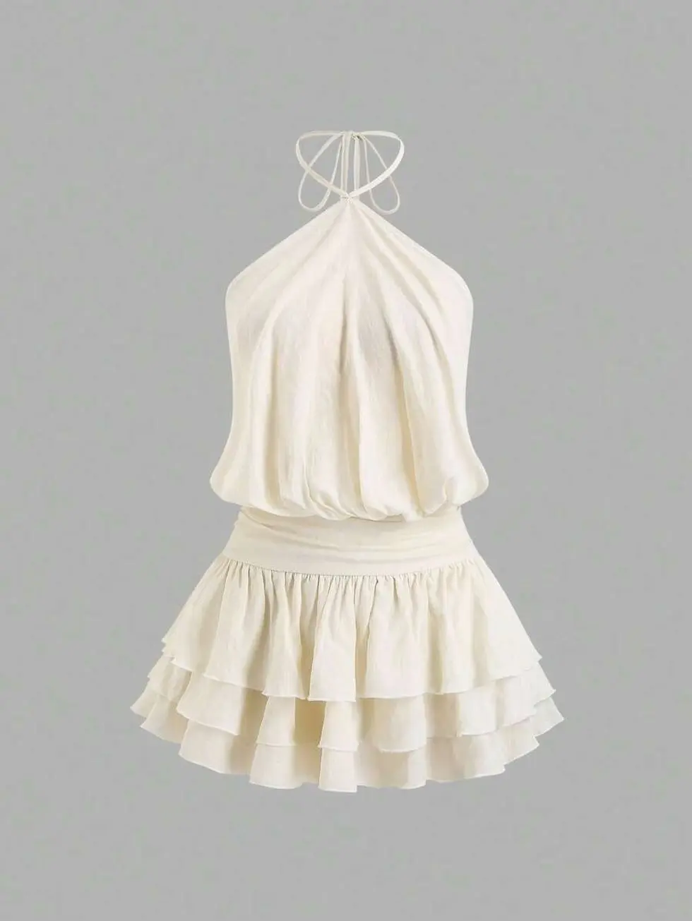 Cream Halter Mini Dress, Sleeveless Layered Flounce Hem, Lightweight Chiffon Fabric, Casual Summer Beachwear