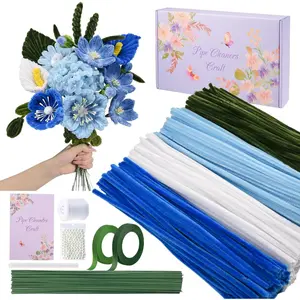 400 count Pipe Cleaners Craft Set, 4 Assorted Blue Pipe Cleaners Bulk, Chenille Stems for DIY Flower Making Kit with Floral Stems, Gardening Tape, , Ribbon for DIY Bouquet  (Blue)