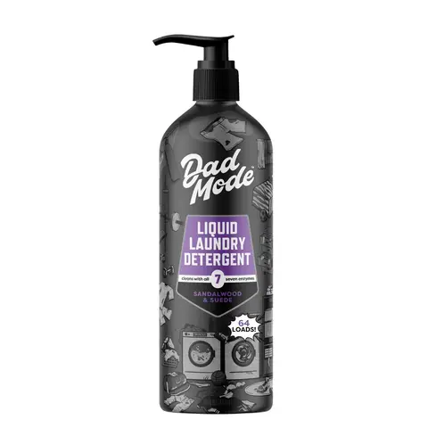 DadMode Ultra-Concentrated Liquid Laundry Detergent, 16oz 7-Enzyme Power Odor & Stain Remover (64 Loads), High-Efficiency Plant-Based, Sandalwood & Suede Scented, Non-Toxic Dye Free, Effortless Clean, Plastic-Free Pack, 0 Plastic Bottles