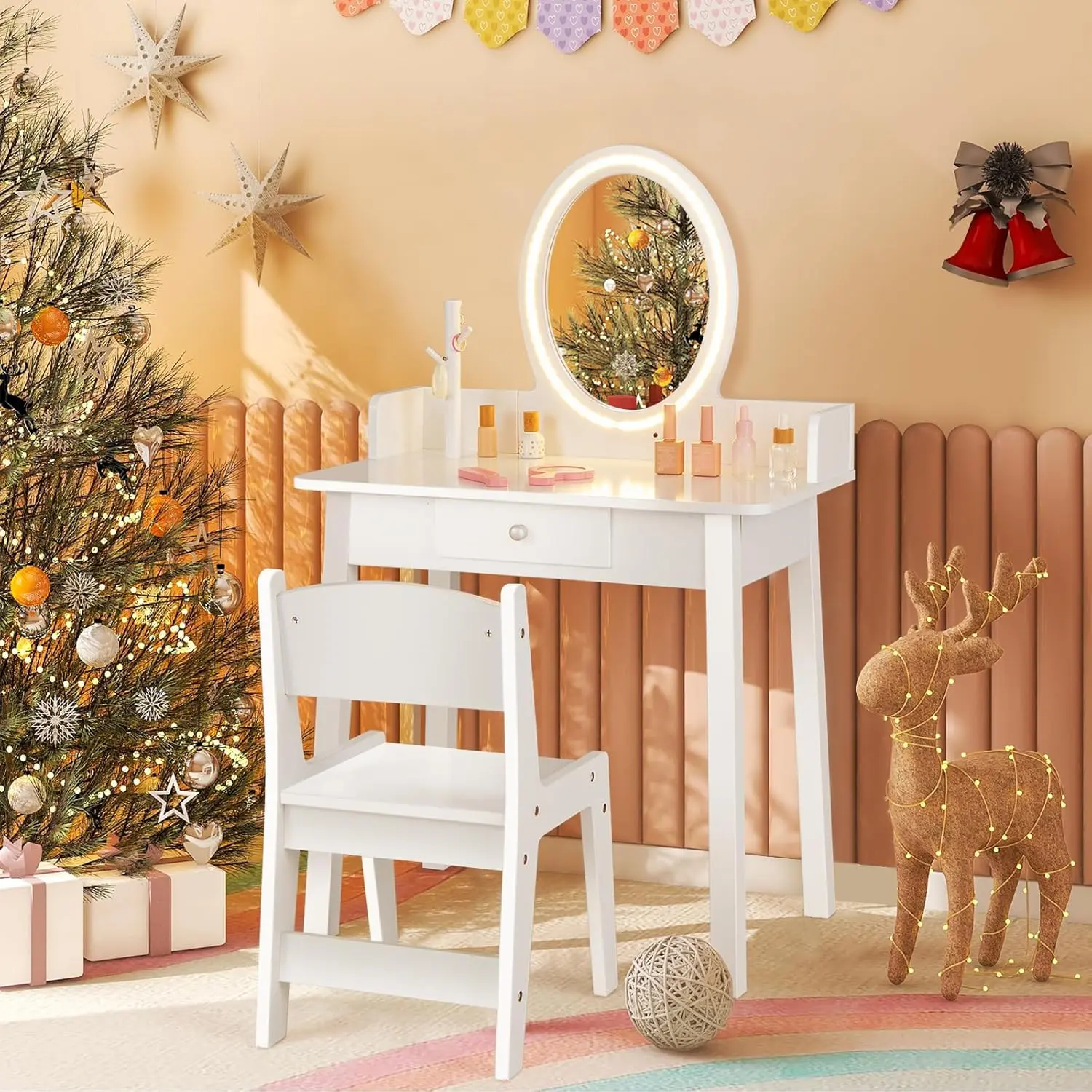 【Holiday Haul】Costway-Vanity for Little Princess, Girls Makeup Desk with Mirror/Stool/Lights/Drawer/Jewelry Rack, 2 in 1 Wood Dressing Table Gift Idea