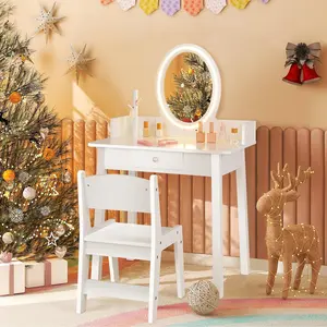 【Holiday Haul】Costway-Vanity for Little Princess, Girls Makeup Desk with Mirror/Stool/Lights/Drawer/Jewelry Rack, 2 in 1 Wood Dressing Table Gift Idea