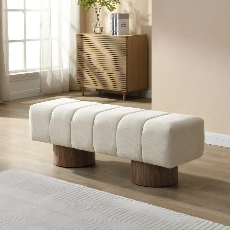 Christopher Knight Home ®   Upholstered Dining Bench for Dining Room, No-Assembly End of Bed Entryway Bench Ottoman for Bedroom Living Room, Beige Chenille Fabric Stool Top Wood Leg 300 LBS Weight Capacity    RR