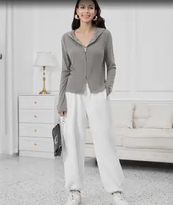 Women's Zip Up Knit Hoodies Casual Hooded Cropped Sweatshirts Cardigan