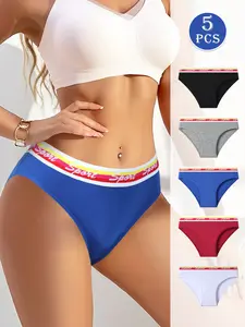 Hotcom 5/7 Pack Classic Color Waistband Pure Cotton Low Rise Panties for Women Quick Drying Breathable Sportswear Athletic Wear Fashionable Sexy Print Pattern Machine Washable Love Fit Bridal Activewear Mixed Color Pack Womenswear