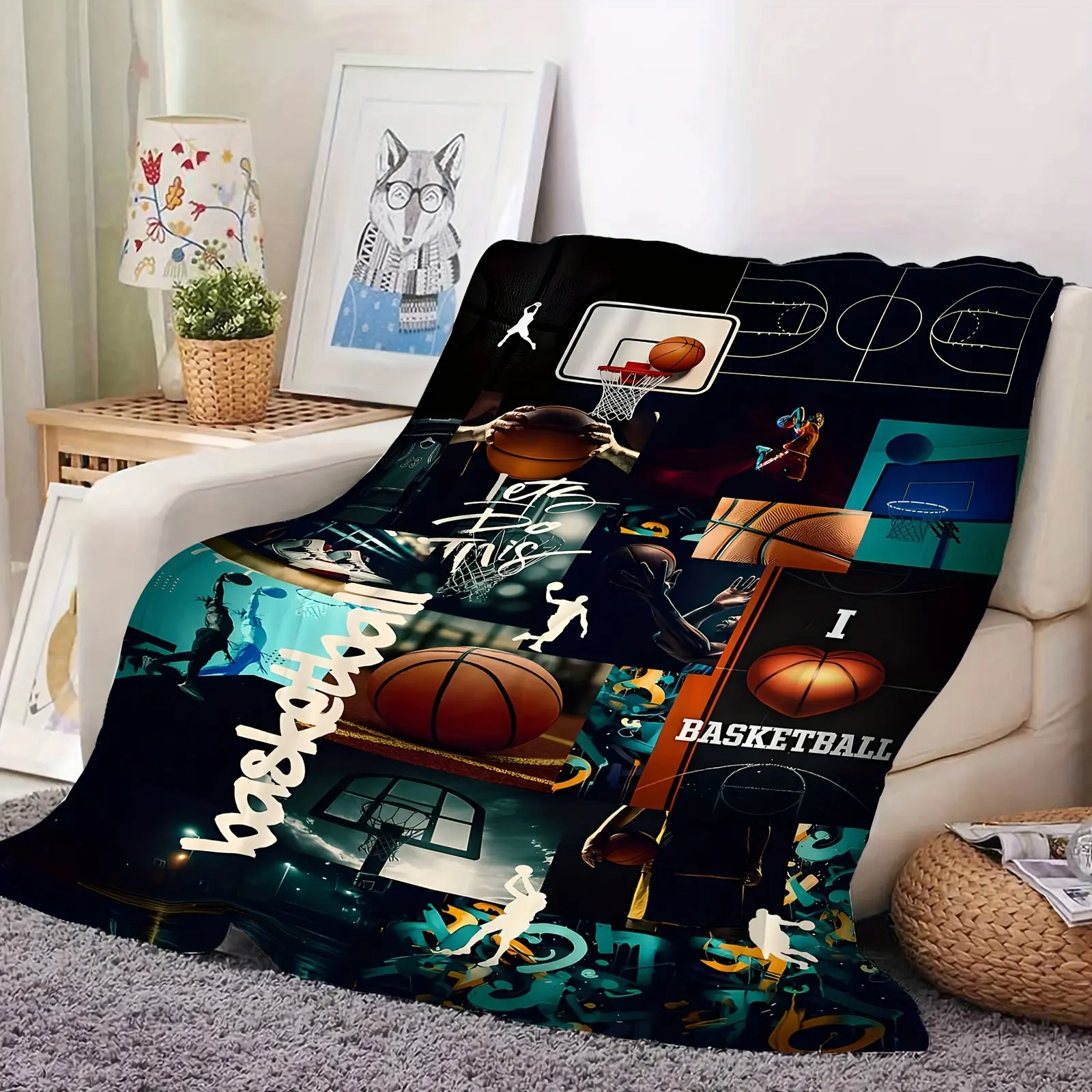 Ultra-Soft Flannel Throw Blanket with Vibrant Basketball Graphic Print - All-Seasons Cozy Naps Blanket, NBA-Themed Throw, Ideal Gift for Sports Fans