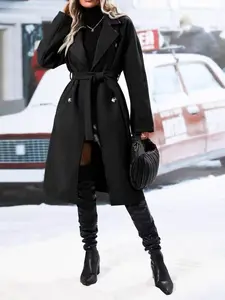 Women's Fall Winter Best-Selling Trendy Aesthetic Solid Color Series Pocket Stand Collar Thick Medium-Length Casual Classic Wool Outerwear Coat with Belted Dual Buckles