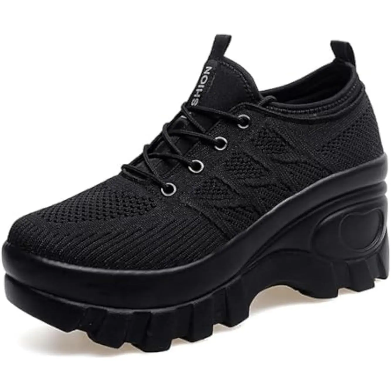 Female Chunky Platform Wedge Shoes, Knitted Fabric Lace-Up Sneakers with Rubber Lug Sole, Non-Slip Breathable Arch Support for Casual Walking (Sports & Outdoor Use)