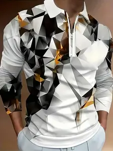 Polyester V-Neck Men's Long-Sleeve POPL Lapel Metal Zipper Fashionable Casual Shirt, Menswear Top