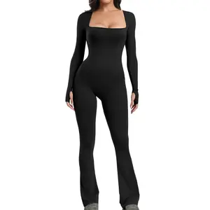 Long Sleeve Flare Wide Leg Jumpsuits Square Neck Full Length Jumpsuits
