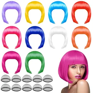 PLULON 20-Piece Neon Short Bob Wig & Wig Cap Set for Party, Cosplay, Halloween - Vibrant Curly Hairpieces for Bachelorette Favors & Daily Use