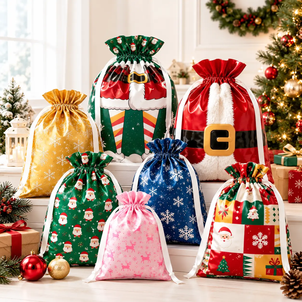 Festive Printed Fabric Christmas Drawstring Gift Bag Set (18/36/54 Pcs, Assorted Sizes) - Small to Extra-Large Sacks for Holiday Gifts, Party Favors