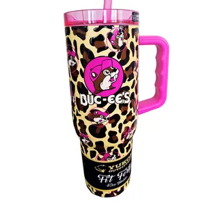 Buc-ee's Pink and Yellow Leopard Tumbler with Straw