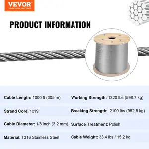 T316 1x19 Stainless Steel Cable 1/8 Cable Rail Wire Rope Aircraft Cable 984FT