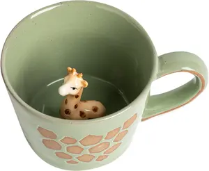 Giraffe Coffee Cup Ceramic 3D   Inside Mug,Cute Cartoon Handmade Figurine Mugs,Holiday and Birthday  for Coffee Milk  Lovers,12 O(Green Giraffe)