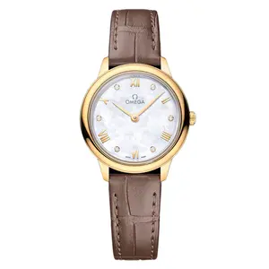 Omega De Ville Prestige 434.53.28.60.55.002 Quartz 27.5mm White Mother of Pearl Diamond Dial 18K Yellow Gold Women's Watch WHT032173