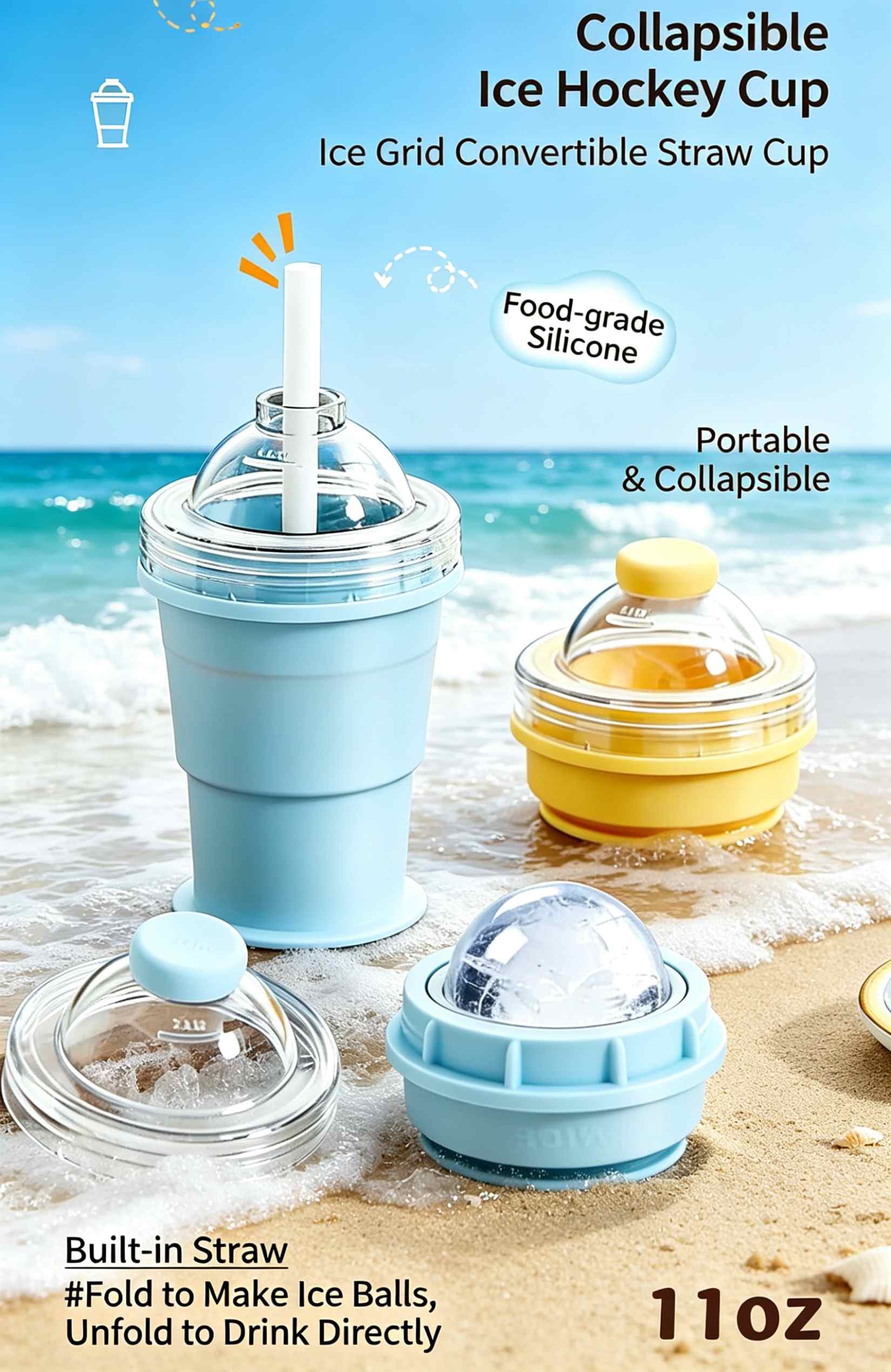 Portable foldable silicone cup with built-in straw, reusable and lightweight. Heat-resistant, easy to clean and store, great for travel, hiking, camping, office and daily outdoor use.