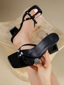 Women's Black Patent Leather Crisscross Strap Square Toe Block Heel Mule Slides, Minimalist Daily Elegant-Chic Style, Comfy Summer Sandals #BlackBlockHeelSlides, #MinimalistElegantChic, #WorkwearHeels