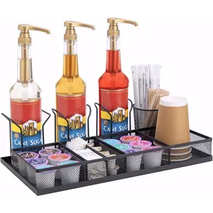 Coffee Bar Organizer Coffee Station Organizer with Syrup Rack & Mesh Drawer Holds 3 Bottles K-Cups Stirrers for Condiment & Bar Counter Storage