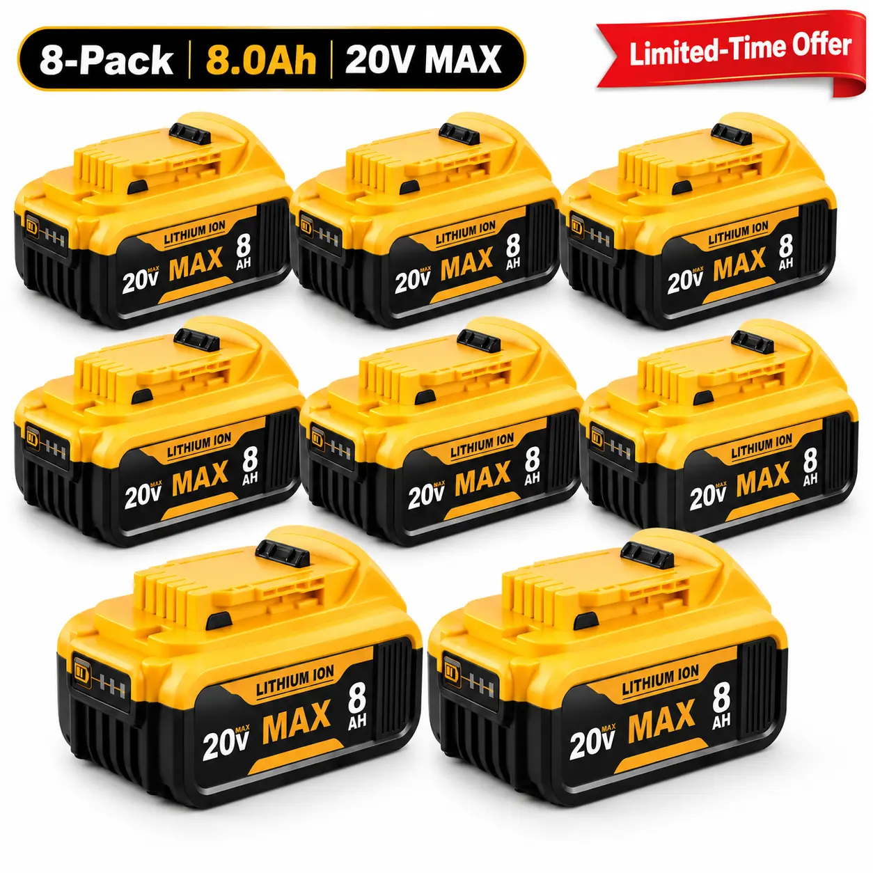 20V MAX 8.0Ah Li-Ion Replacement Battery Packs with LED Gauge, Compatible with DeWalt Cordless Tools Including DCB200, DCB205, DCB206, DCB208