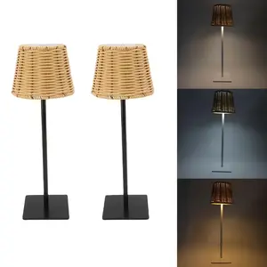 2Pcs Boho Rattan Table Lamp, Wicker Night Light, LED Rechargeable Reading Lights, 3-Color Touch Control Dimmable Bedside Lamps Living Room Bedroom Office Lighting Home Outdoor Decor