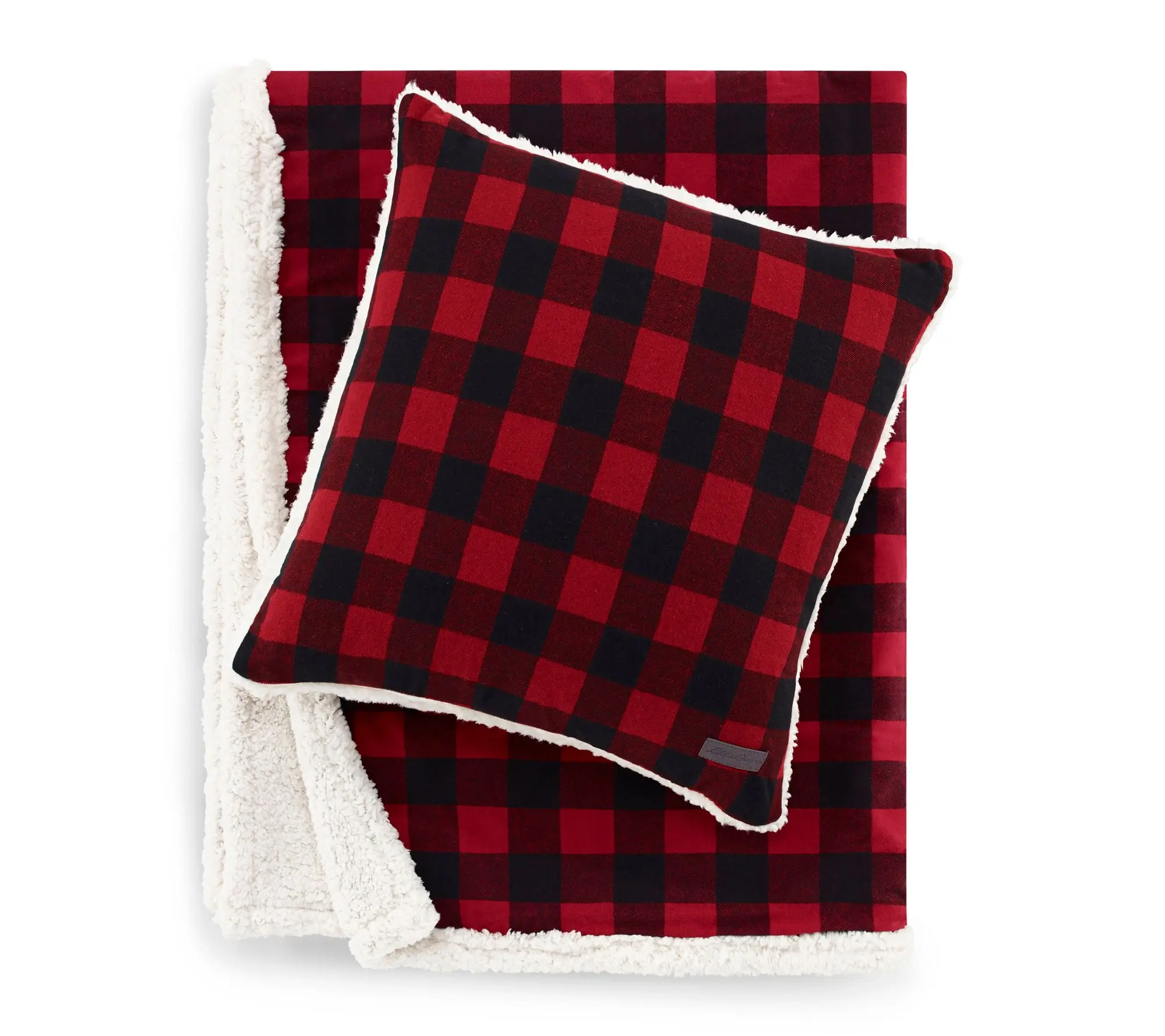 Eddie Bauer Cabin Plaid Red Cotton Sherpa Throw & Pillow Set