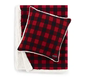 Eddie Bauer Cabin Plaid Red Cotton Sherpa Throw & Pillow Set