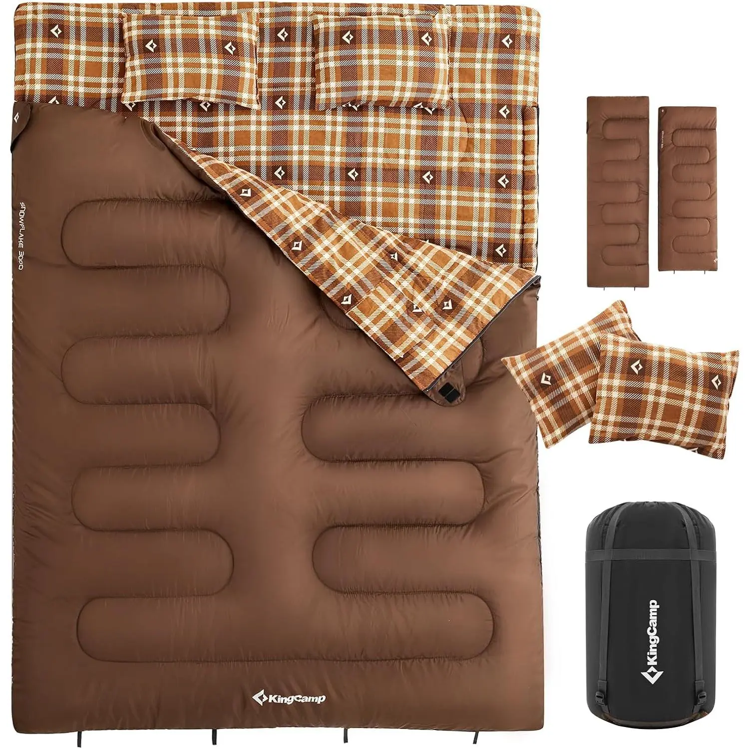 KingCamp Double Sleeping Bag for Adults – Queen Size XXL 2-Person, 2-in-1 Converts into Two Individual Sleeping Bags, Soft Flannel Lining with 2 Flannel Pillows, Waterproof Lightweight, 220*150cm (86"*59"), Perfect for Couples Family Camping Hiking
