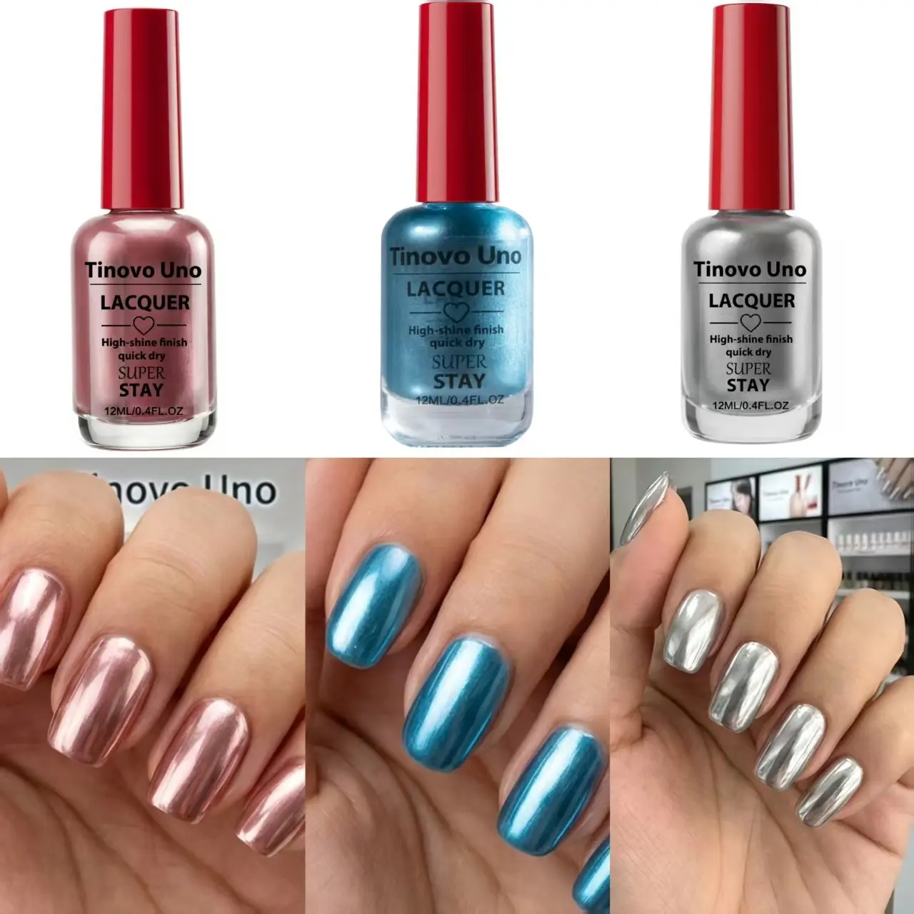 Tinovo Uno 3-piece set of metal nail polish electroplating, mirror effect, no baking natural quick-drying formula, chrome bright surface, nail salon effect