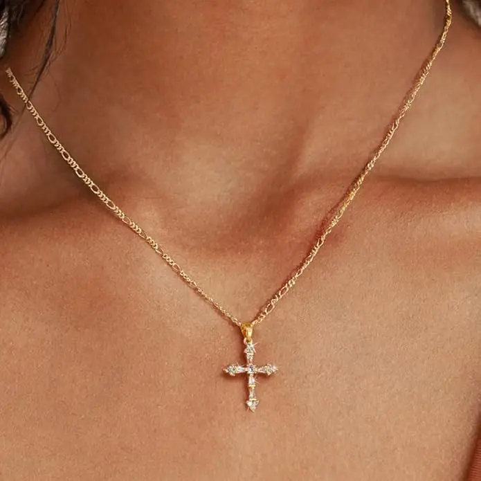 Cross Necklace for Women, 14K Gold Plated Cubic Zirconia Cross Pendant Necklace, Dainty Christian Jewelry Gift for Baptism, First Communion & Christmas