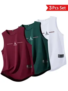 Men's Polyester Round Neck Sleeveless Vest Set, Quick-Dry Breathable Sports Tank Top, Ideal for Gym Running Casual Wear, Workout Vest