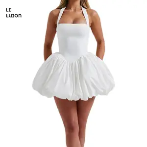 Women Sleeveless Halter Dress Summer Casual Tie up Backless Corset Bubble Party Dress for Beach Club Streetwear