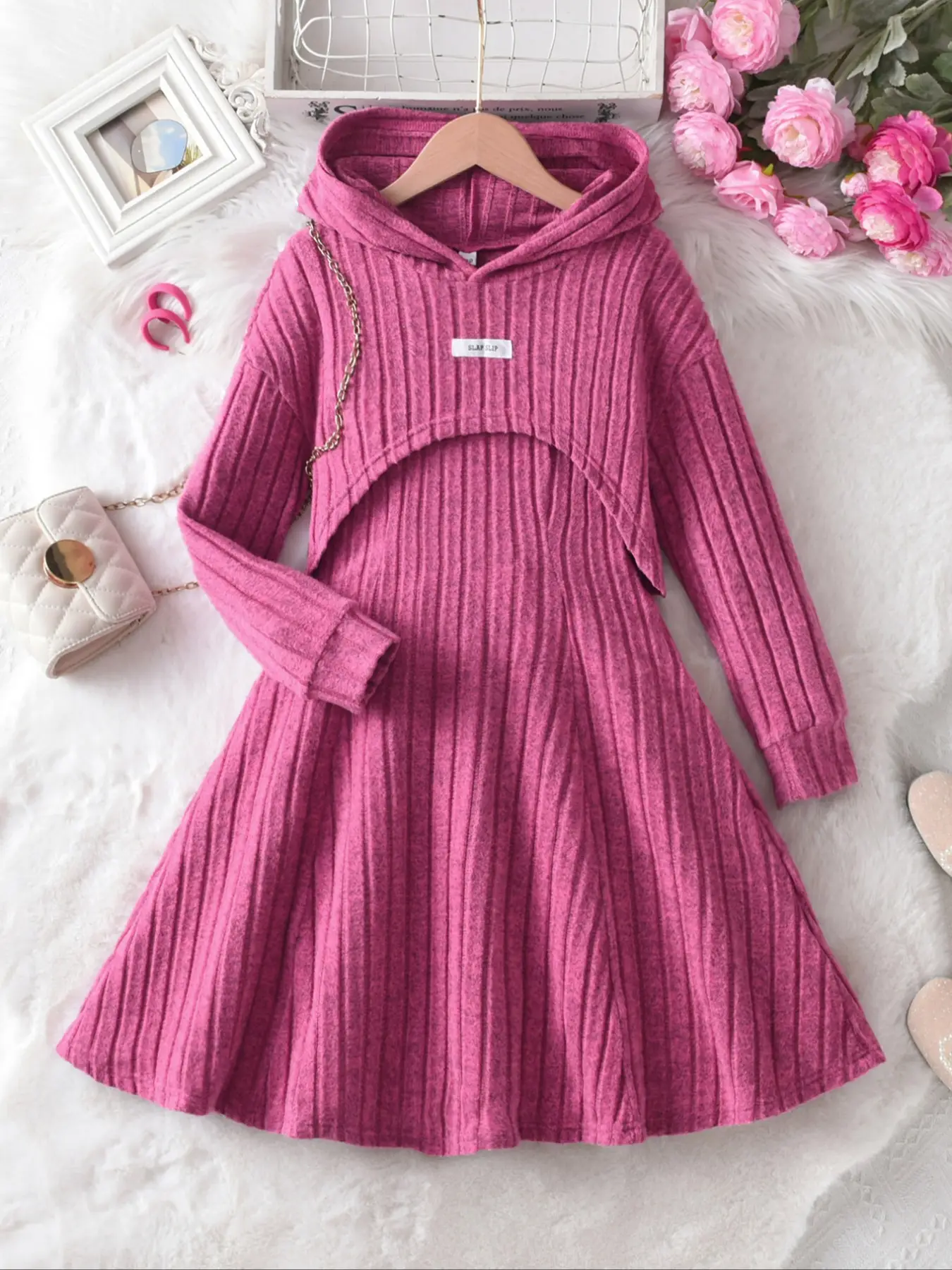Young girl's fashionable long-sleeve hoodie with letter patch decorations, set includes umbrella skirt and strap dress, suitable for spring and autumn