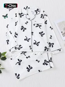 Two-Piece Set Women's All Over Christmas Print Button Front Shirt & Elastic Waist Pants Pyjama, Sweetheart Pajama Set, Casual Comfy Long Sleeve Lapel Neck Top & Trousers Set, Ladies Sleepwear for Spring & Fall, Loungewear, Pj Sets