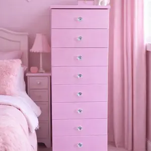 Pink Drawer Chest with Crystal Handles and 9 Drawers for Bedroom Storage