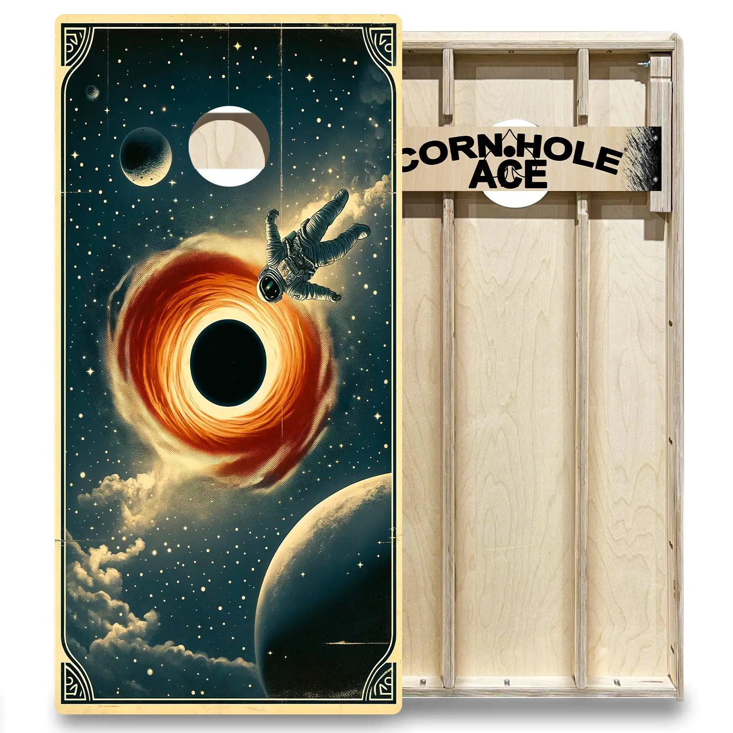 Falling Into the Void Elite Cornhole Board Set, Heavy Duty 2x4 ft Baltic Birch Boards with Double Wide Legs for Game Rooms & Events, Eliminate Bounce, Backyard Play, Glued And Screwed Frame Construction, Cornhole Players, Sci-Fi Look, Full Size