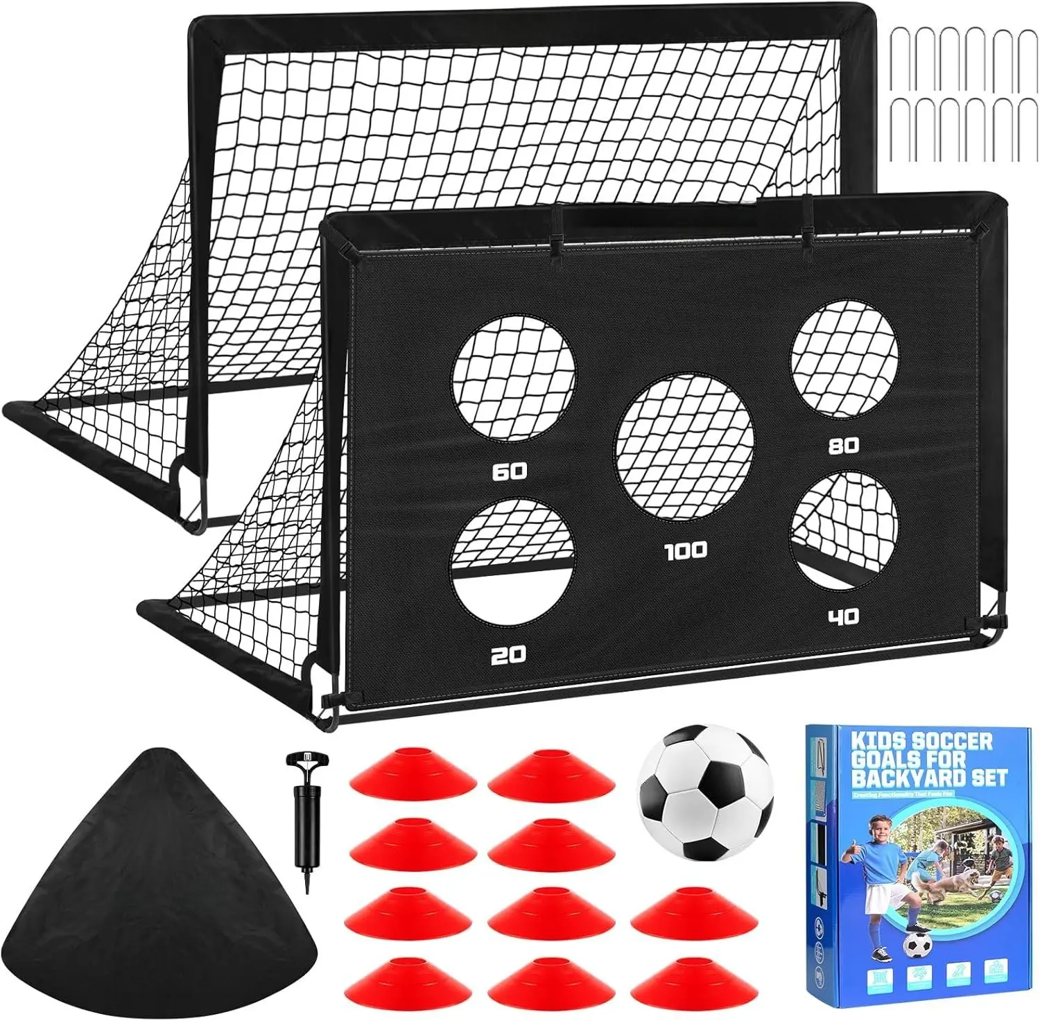 Soccer Goal for Backyard Set,2 Pack of 4x3/6x4 ft Portable Pop Up Soccer Nets,Complete Youth  Equipment with Target,Ball & Cones for  3-14 Goal Practice,Outdoor