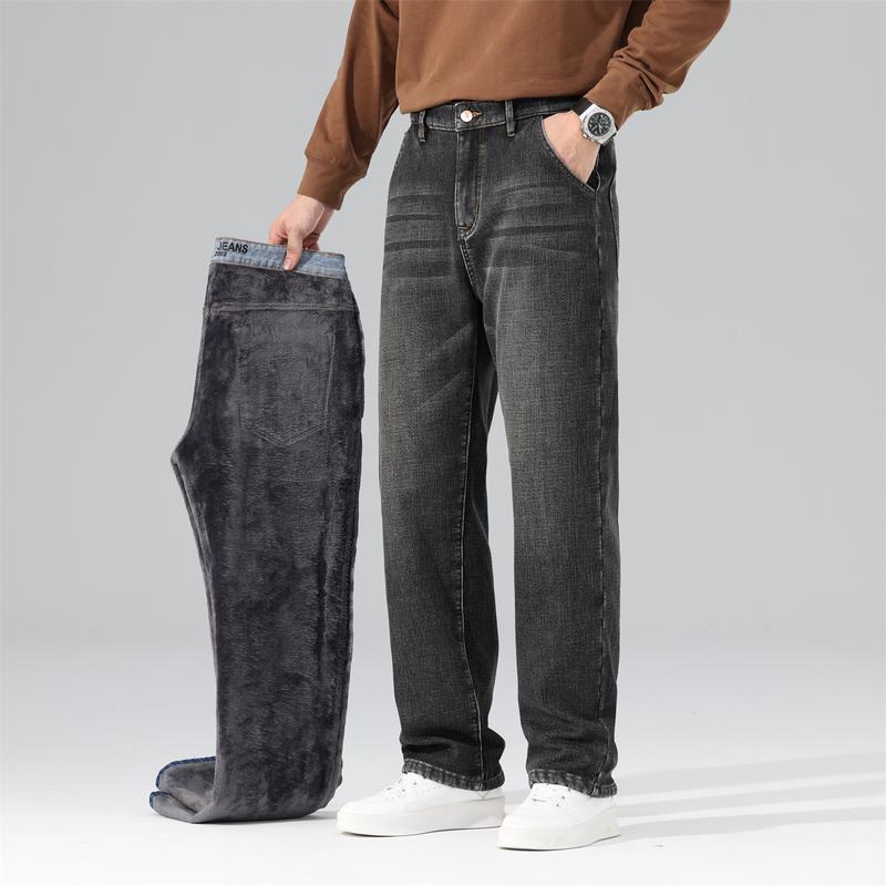 Men's Fleece-Lined Stretch Jeans Winter Loose-Fit Fleece-Lined Jeans Straight-Leg Mid-Rise Fashionable Versatile Jeans Business Casual Warm Trousers Suitable for Daily Wear and Outings