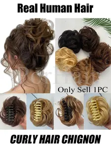 Brown Curly Claw Clip Messy Bun Ponytail Messy Glueless Human Hair Bun Extensions Wavy Curly Human Hair Chignon Updo Hairpieces for Women Girls