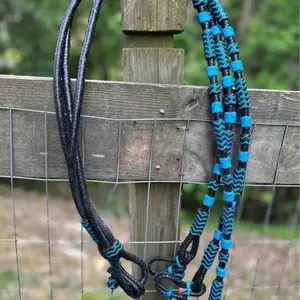 Genuine Black with Blue Rawhide Romal Rommel Style Western Reins Leather Popper