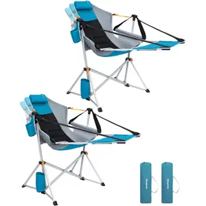 KingCamp 2-Pack Hammock Chairs with Footrest, Foldable Outdoor Seating, Heavy-Duty Folding Large Camping Chairs for Adults (400lbs Capacity), Breathable Mesh-Padded Seat, Pillow, Cup Holder, Portable for Beach Lawn, Foldable Chairs