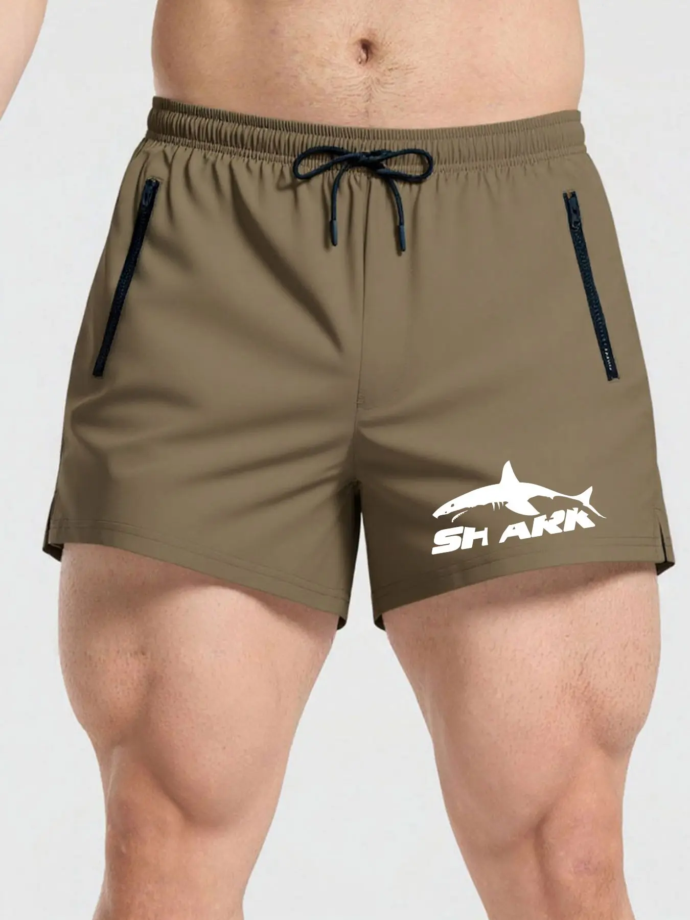 Men's Summer Shark Print Zip Pocket Beach Shorts, Quick-Dry Breathable Running Gym Drawstring Gym Shorts, Split Hem Design with Triangle Lining