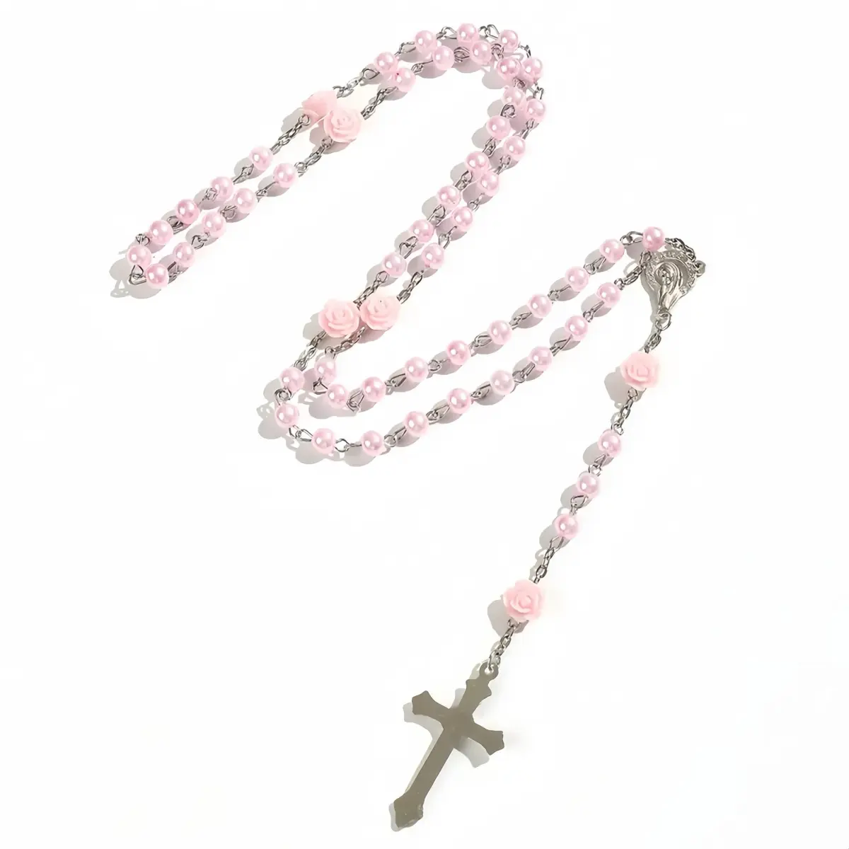 Handmade Glass Pearl Rosary Cross Necklace with Silver Crucifix, 53 Prayer Beads, Modern Faith-Based Fashion, Meaningful Spiritual Gift, Spiritual Items, Meaningful Gifts