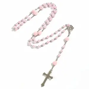 Handmade Glass Pearl Rosary with Silver Jesus Christ Crucifix Pendant - 53 Prayer Beads
