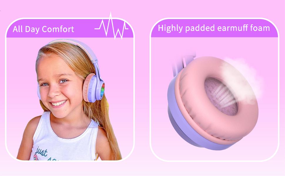 WT-7S Kids Bluetooth Headphones Light Up, Foldable Stero Wireless Headset,with Microphone and Volume Control,Comfortable and Durable,for PC/Tablet/TV/Travel(Purple)