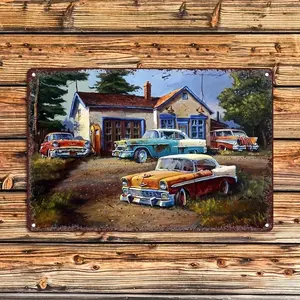 Vintage Car Aluminum Wall Sign 8x12 Inch Garage Decor for Man Cave Retro Classic Car Enthusiast Artwork Weathered Scenic Road Trip Theme Metal Sign