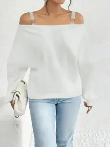 Plus Size Women's Sexy Shoulderless Sweatshirt, Womenswear, Metal Ring Strap Design, Loose Long Sleeve Top, Casual Lazy Style Slim Fit Pullover, Lady